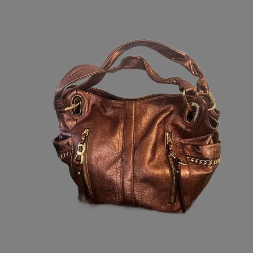 B. Makowsky Purse Metallic Leather Copper Gold Brown Pockets Shoulder Bag